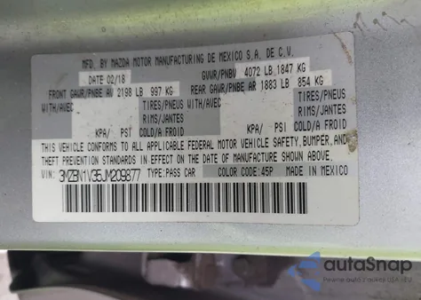 2018 Mazda Mazda3 Touring z USA, uszkodzony, nr VIN 3MZBN1V35JM209877